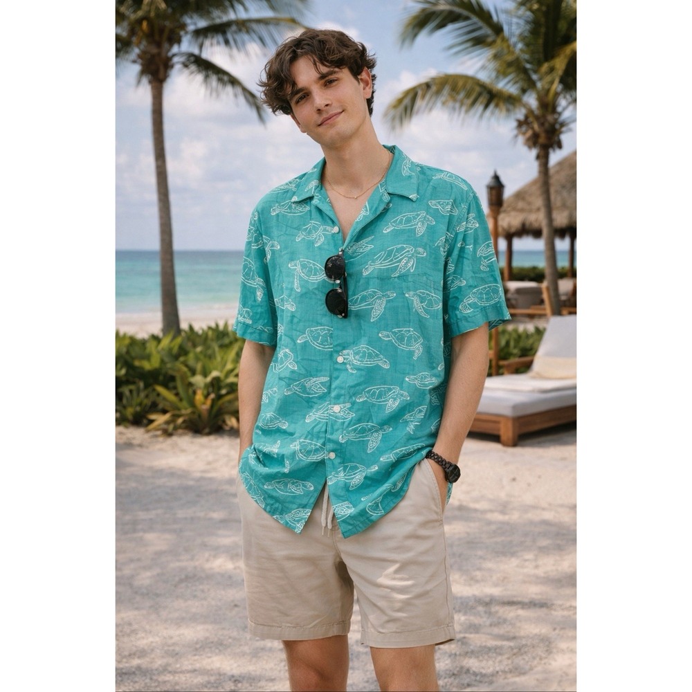 Chubbies Shirt Mens XL Teal Turtle Print Rayon Button Up Beach Hatch Resort